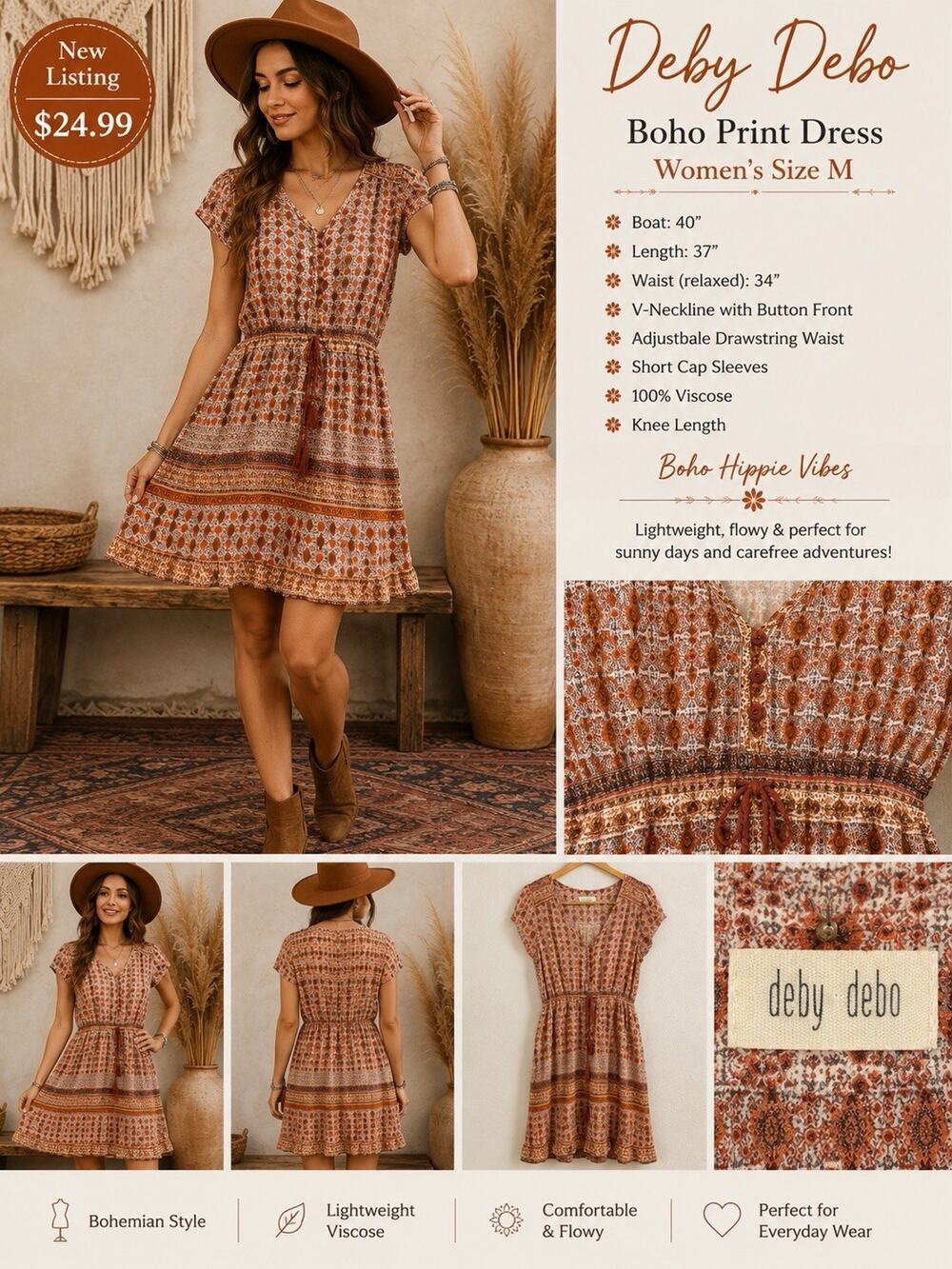Deby Debo Boho Dress Women’s M Orange Rust Medallion Print Viscose Tassel Tie